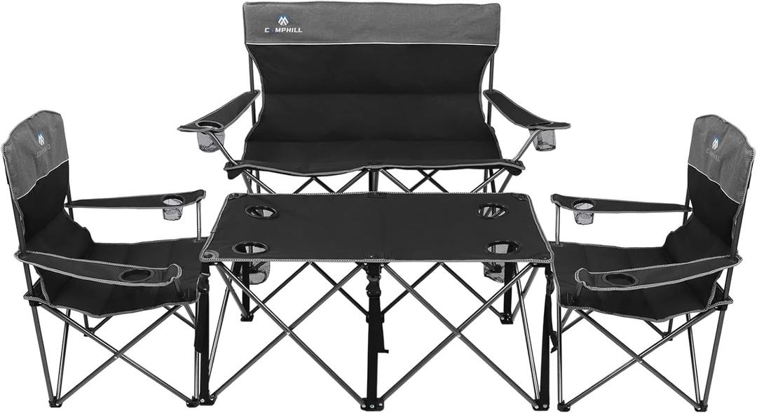 CAMPHILL Camping Chair Set of 3, Outdoor Folding Camping Chairs for Heavy People with Cup Holder & Carry Bag,Collapsible Chair Include One Sofa Chair and Two Single Chair,Support up to 500lbs (Black-4pcs)