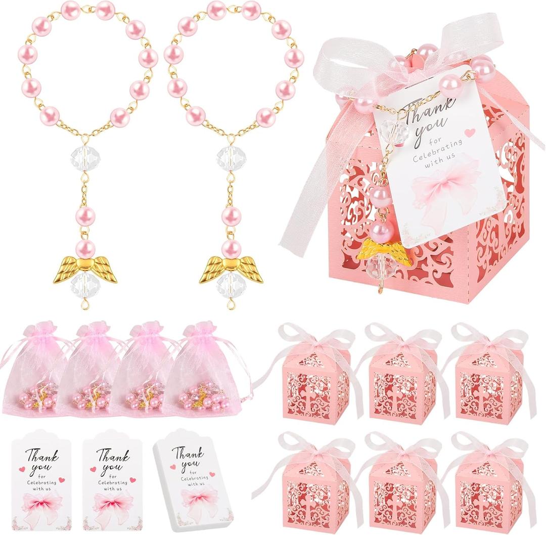 J6&H6 100 pcs Pink Baptism Favors Set includes Angel Mini Rosary, Pink Drawstring Organza Bags, Thank You Cards, and Cross Boxes For Baptism Recuerdos Christian Gifts First Communion Baptism