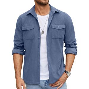 COOFANDY Men's Button Down Waffle Shirt Jacket Casual Long Sleeve Shacket Lightweight Overshirts with Flap Pockets (X-Large, Denim Blue)