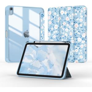 Case for iPad 11-inch (A16) 2025 / iPad 10th Generation 2022(10.9 inch), Tri-Fold Smart Folio Auto Wake/Sleep with Clear Back/Pencil Holder for iPad 11th/10 Gen (Floral Blue)