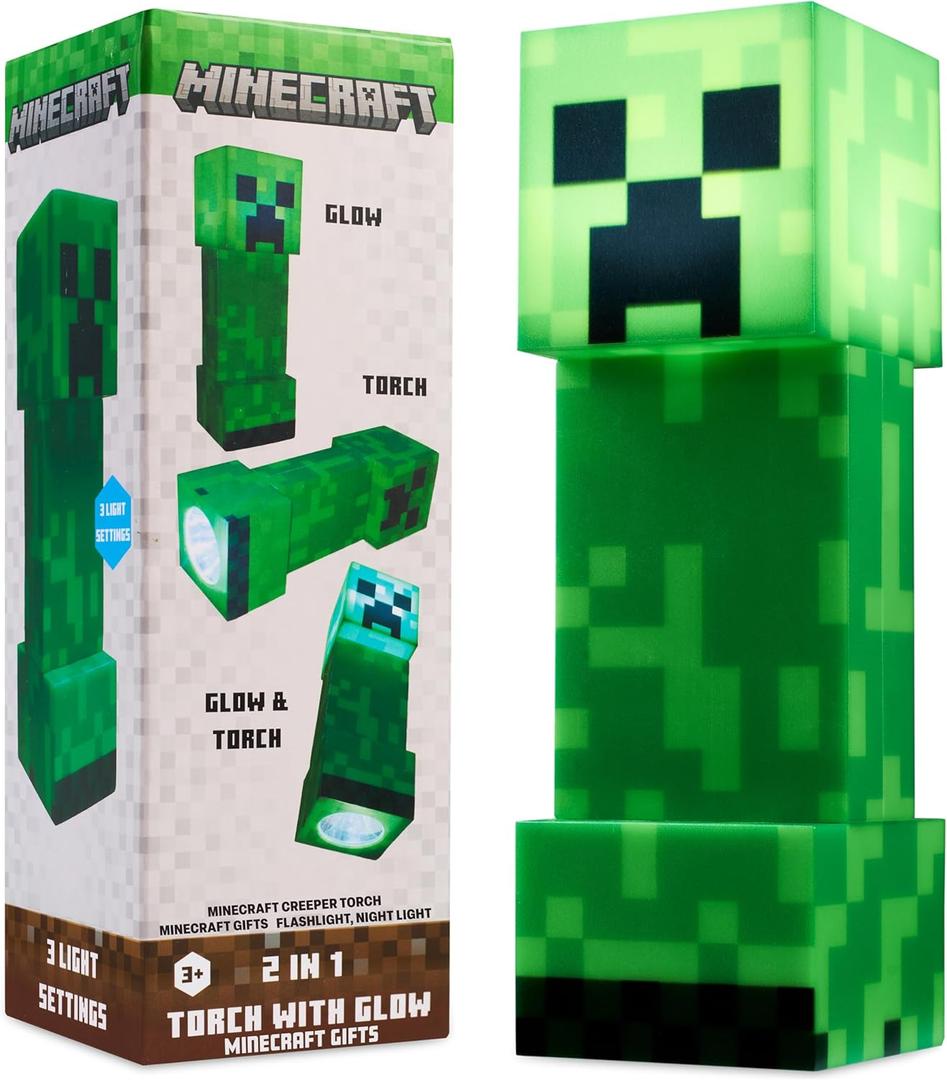 Minecraft Creeper Torch Night Light for Kids, 2-in-1 Flashlight and Lamp with USB and Battery Power, Bedroom Decor, Desk Light, Gamer Gifts for Boys