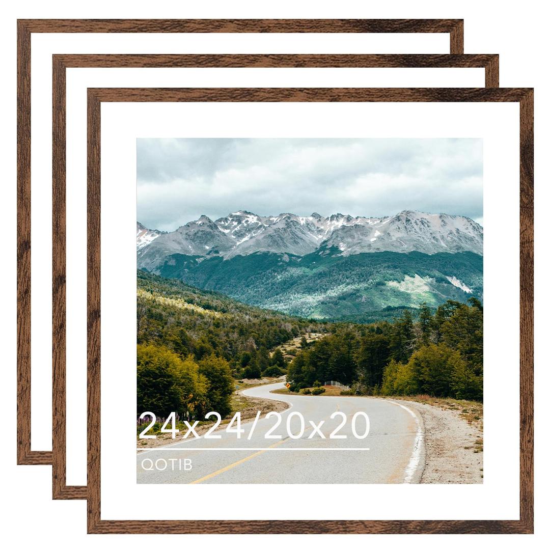 QOTIB Wood 24x24 Picture Frame with 20x20 Mat Deep Brown, Display 20x20 with Mat or 24x24 without Mat, Wood 24 by 24 Photo Frame, 24 x 24 Frame for Wall Hanging Display, Deep Brown