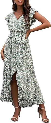 GRECERELLE 2025 Women's Spring Summer Boho Floral Print V-Neck Faux Wrap Maxi Dress for Wedding Guest, Graduation, Party, Size medium