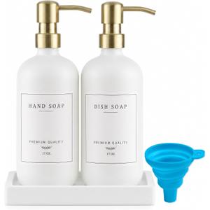 Thick Glass Soap Dispenser - Kitchen Dish Hand Soap Dispenser Set,Rustproof Pump Soap Lotion Dispenser Bathroom with Tray,14 Stickers for Kitchen Decor White Bottle/Gold Pump