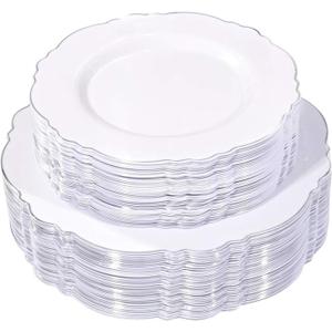 WDF 100pcs Silver Plastic Plates - High-end Baroque Design - Heavy Duty White &Silver Plates for Christmas Upscale Parties &Wedding