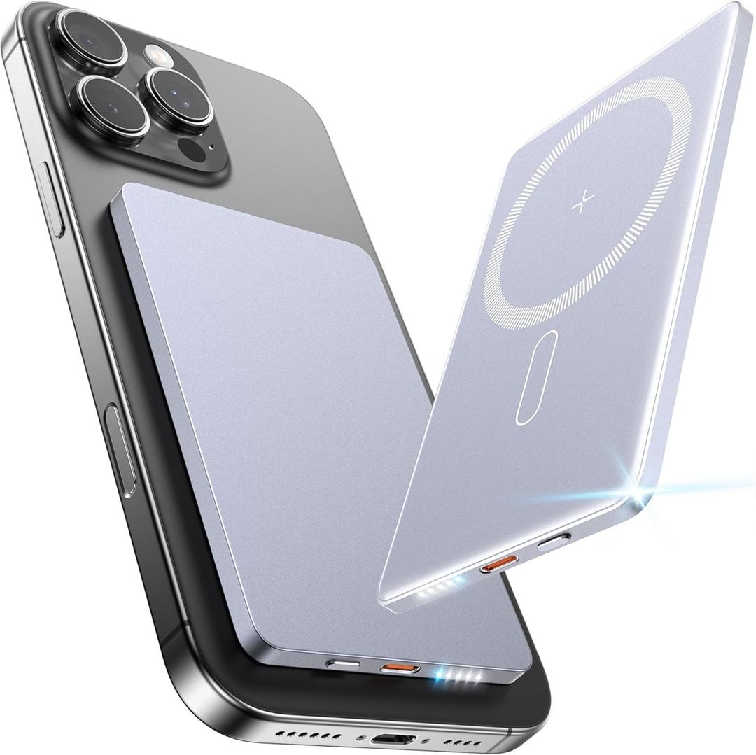5000mAh for Magsafe Battery Pack Mini 22.5W Wireless Power Bank Fast Charging USB C in Out Power Pack, Magnetic Portable Charger Slim Powerbank for iPhone 17 16 15 14 13 Plus/ Pro/ Pro Max, Grey (2in1 0.32")
