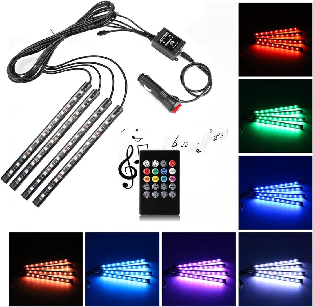 Car LED Strip Light,Uniwit 4 Pieces DC 12V 72 LED Multicolor Car Interior Music Light LED Underdash Lighting Kit with Sound Active Function and Wireless Remote Control Including Car Charger