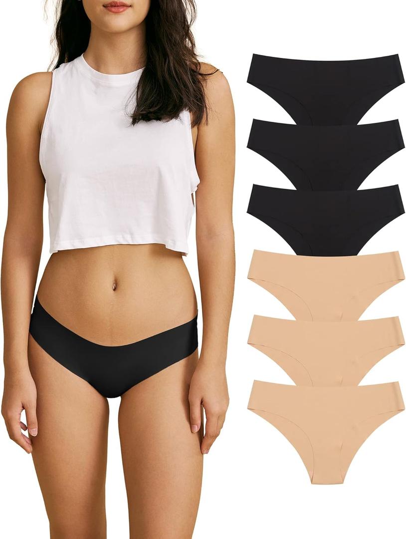 SHARICCA Women Seamless Cheeky Bikini No Show Panties Ladies Invisible Breathable Briefs Soft Stretch Underwear Multi Pack (Small, (6 Pack) 3 Black 3 Beige)