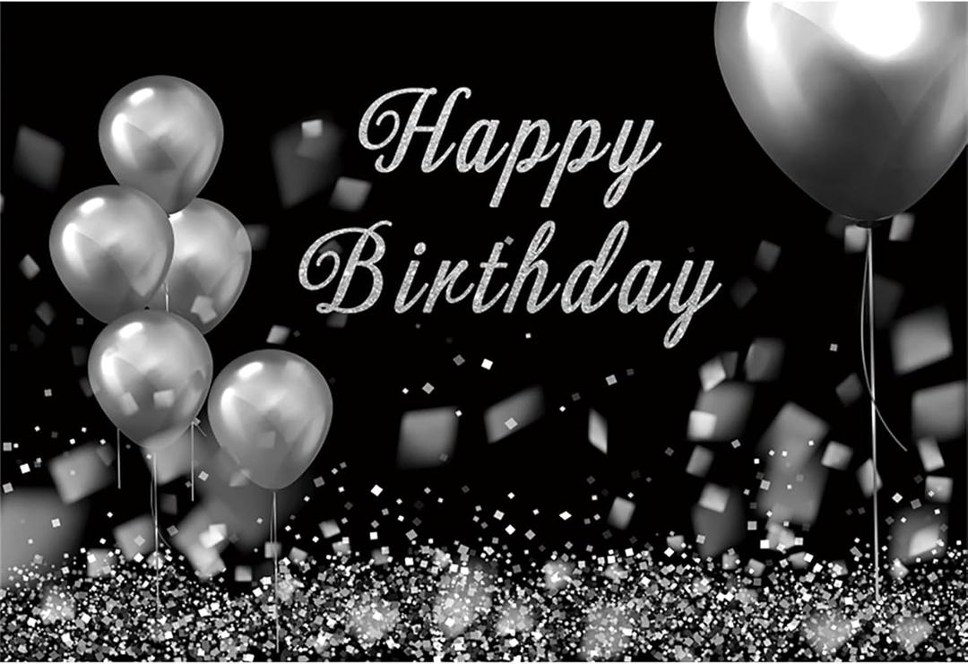 Baocicco 10x8ft Happy Birthday Photography Background Diamond Shiny Glitter Silver White and Black Balloons Backdrop Birthday Ceremony Decoration White Black Birthday Party Supplies Adult Photo Prop