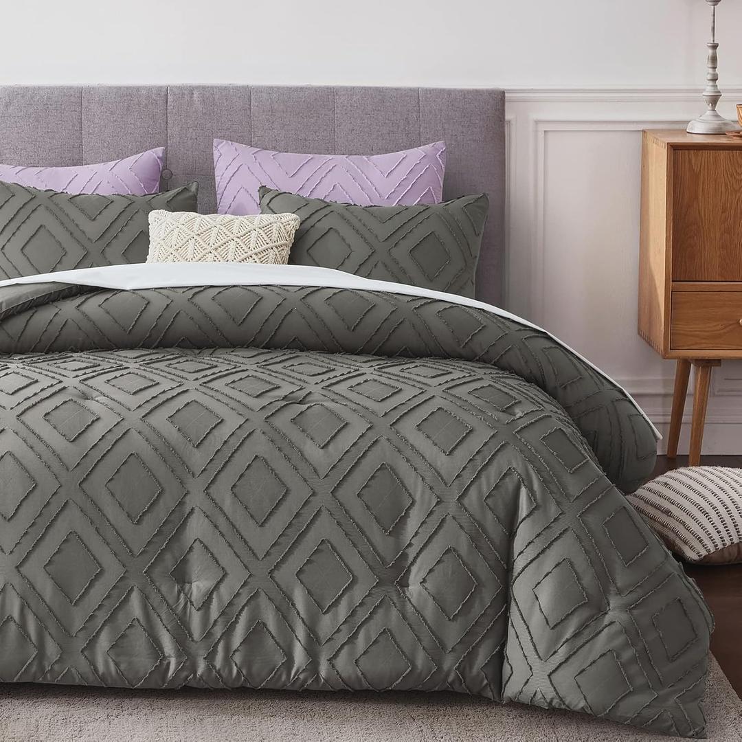 Boho Queen Comforter Set,Grey Rhombus Tufted Queen Size Comforter Set with Corner Loops,3 Pieces Embroidery Shabby Chic Bedding Comforter Sets for All Seasons(Grey,Queen)