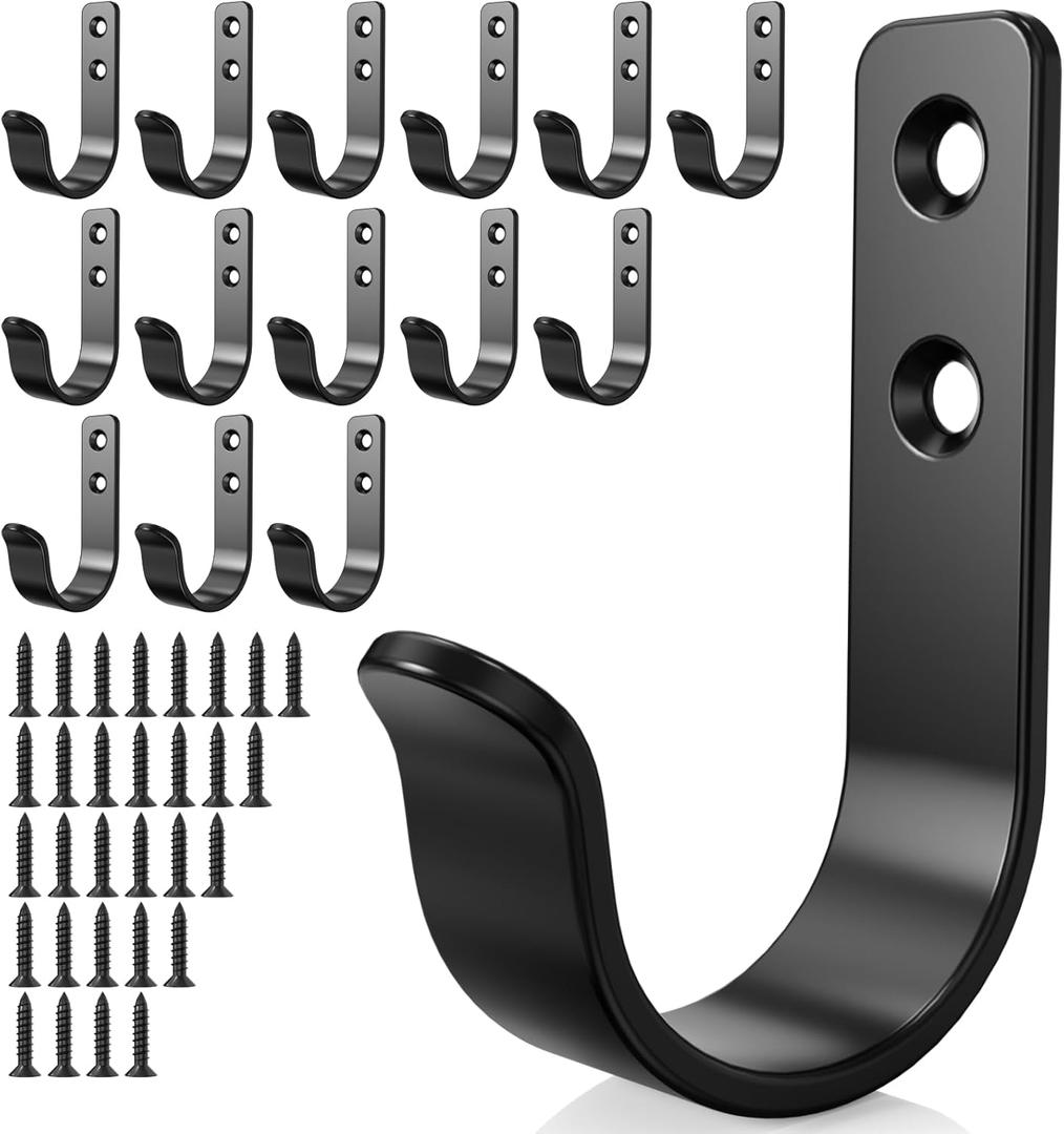 15-Pack Black Metal Wall Hooks, Heavy Duty Coat Hooks Wall Mounted for Hanging, Screw in Hooks for Towel, Clothing, Robe, Single Hooks for Organization in Bathroom, Entryway, Garage