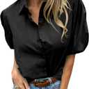 Tankaneo Women's Button Down Shirts Short Puff Sleeve Collared Dressy Casual Blouse Tops (Black, S)