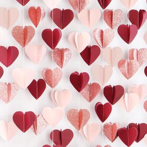Rose-Gold Pink Burgundy-Red 3D-Heart Garland - 39Ft Galentines Valentines Day Party Decorations Hanging Paper Streamers Banner,Engagement Wedding Bachelorette Baby Bridal Shower Decor Ouruola