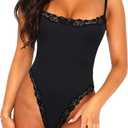 Navneet Women Sexy Lace Bodysuit Lace Trim High Cut Thong Spaghetti Strap Cami Bodysuit Going Out Tank Tops Body Suit (Medium)