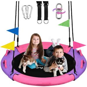 43 Inch Tree Swing, 900lbs Weight Capacity Saucer Swing Sets for Kids & Adults, with 360 Degree Swivel and Adjustable Hanging Strap, Pink and Purple