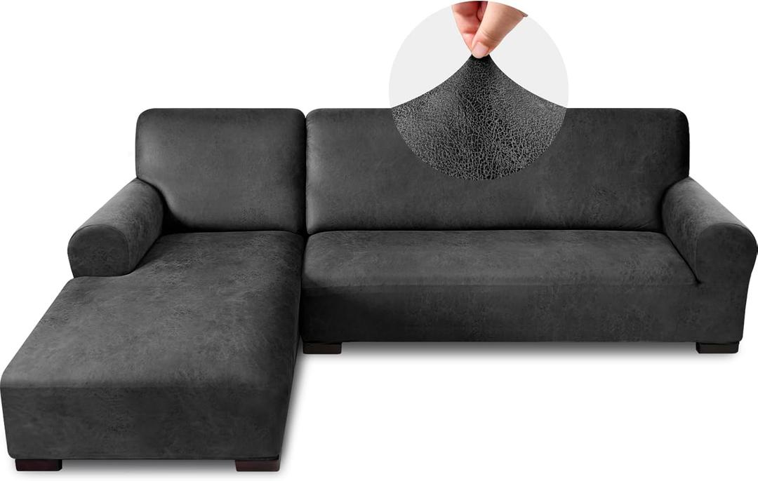 Sectional Couch Covers, Leather Look Sofa Cover L Shape 2PCS Soft Stretch Slipcover for Sectional Sofa, Non Slip Furniture Protector (3 Seat Sofa + 3 Seat Right Chaise, Dark Grey)