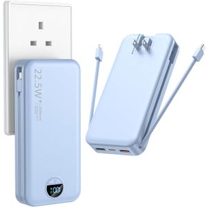 Portable Charger with Wall Plug, 20000mAh USB C Power Bank Fast Charging, External Battery Pack with Built in Cables, Digital Display, 5 Output 2 Input for iPhone Android Cell Phone Tablet (Blue)