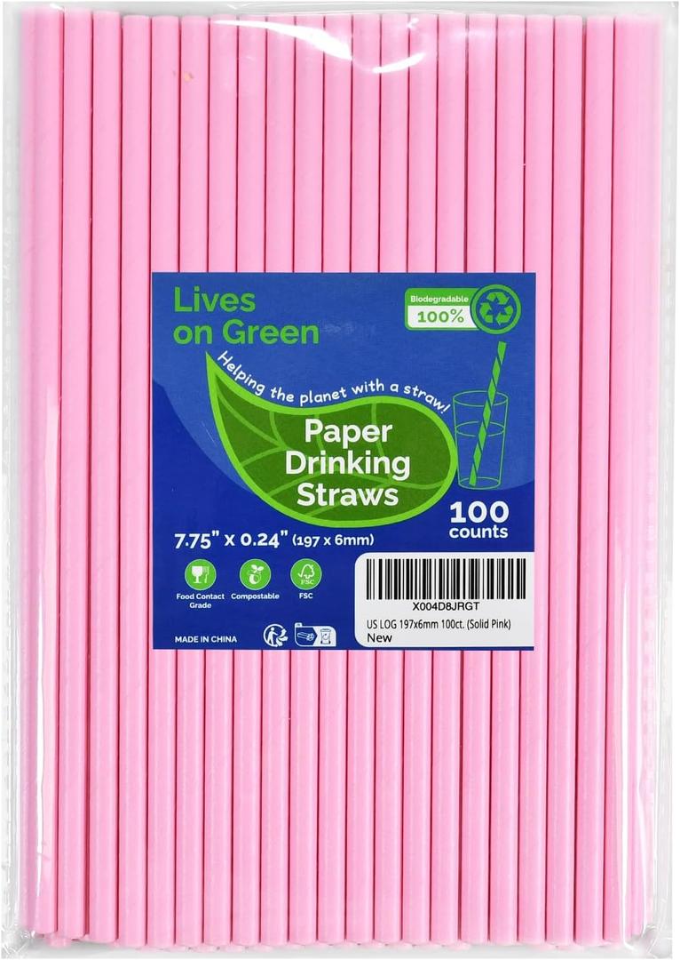 Solid Pink Disposable Paper Drinking Straws 7.75 inch 100 Counts - for Party, Cocktails, Cake Pops, Bars, Restaurants, 7.75" x 0.24"