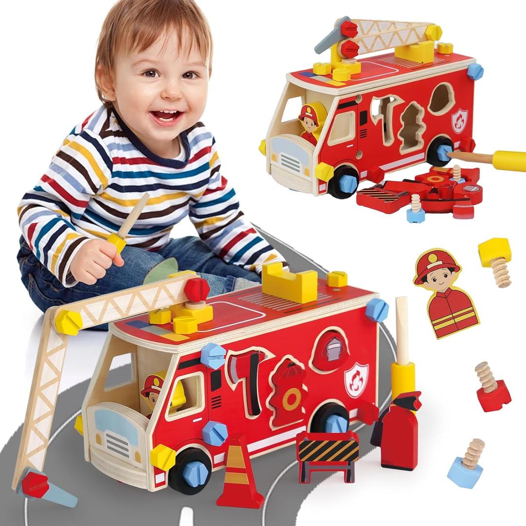 LOVELAND Wooden Fire Truck Toy Take-Apart STEM Vehicle with Firefighter Tools & Shape Sorting, Montessori Educational Gift for Toddlers Boys Girls Ages 3+