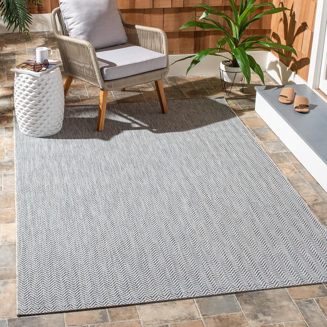 Washable Rug Outdoor Courtyard Collection - 4' Square, Grey & Navy, Non-Shedding & Easy Cleaning, Ideal for Patio, Backyard, Mudroom 36"Wx55 1/4"L