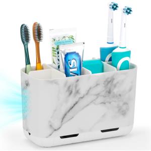 Boperzi Toothbrush Holders for Bathrooms Organizers and Storage, Large Tooth Brush Holders, Electric Toothbrush and Toothpaste Organizer Caddy with Drainage Holes for Kids Family RV Camper (Marble)