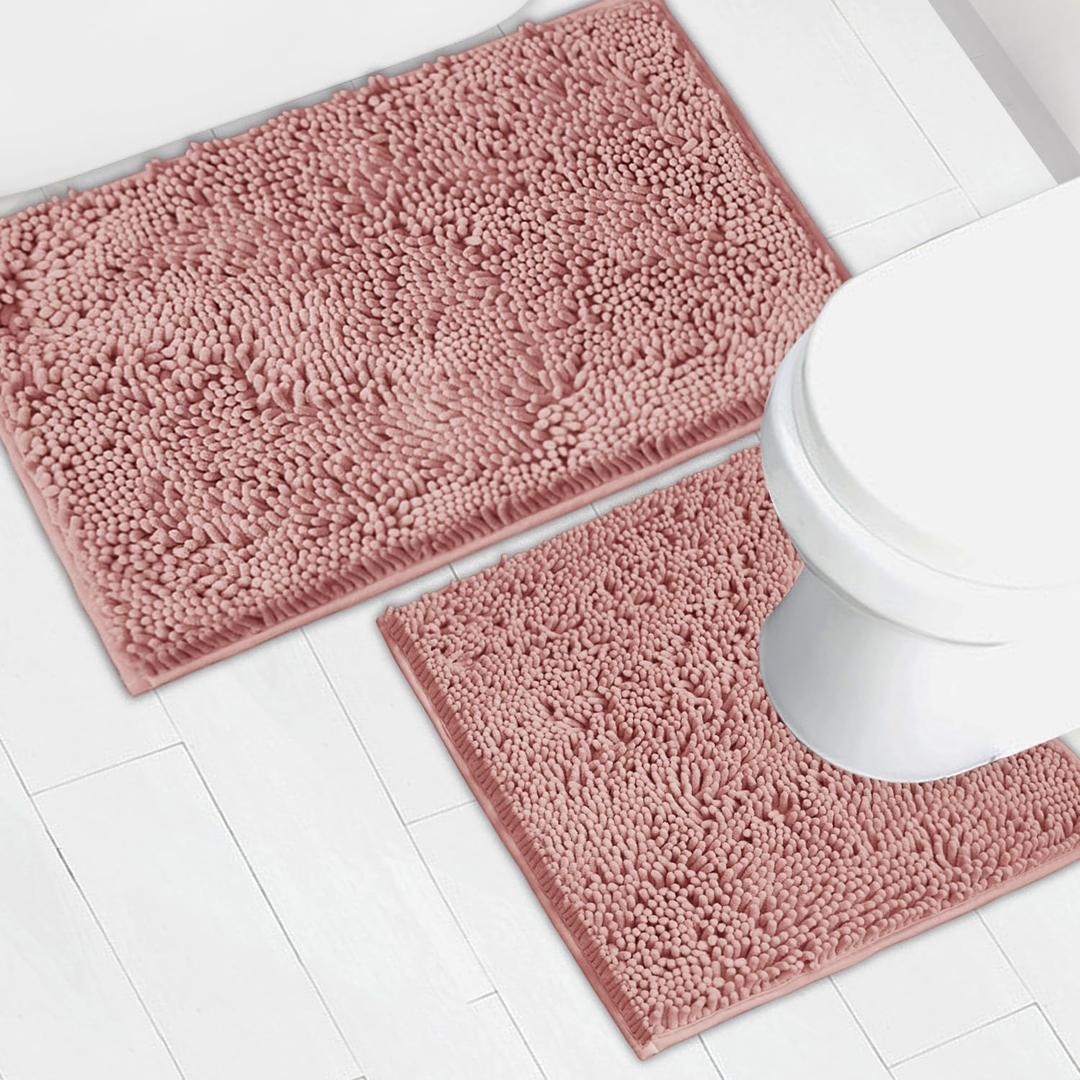 Bathroom Rugs Chenille Bath mat 2 Piece Set, Super Absorbent, Strong PVC Non Slip Backing, Bath mats for Bathroom, Plush Shaggy, Thick, Machine Washable, Bathtub, Toilet.(Deep Pink)