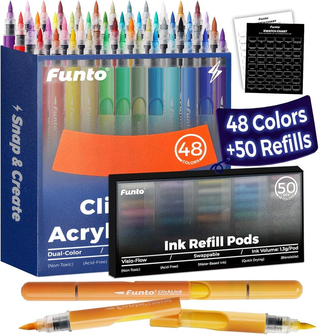 Funto 48 Colors + 50 Refills Acrylic Paint Markers Set, Dual Tip Markers for Adult Coloring Books No Bleeding, Art Supplies Paint Pens for Rock Painting, Wood, Fabric, Canvas, Pumpkin