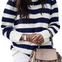 Dokotoo Sweaters for Women 2025 Crewneck Striped Cute Color Block Fall Winter Knitted Pullover Tops (Small, Navy Blue)
