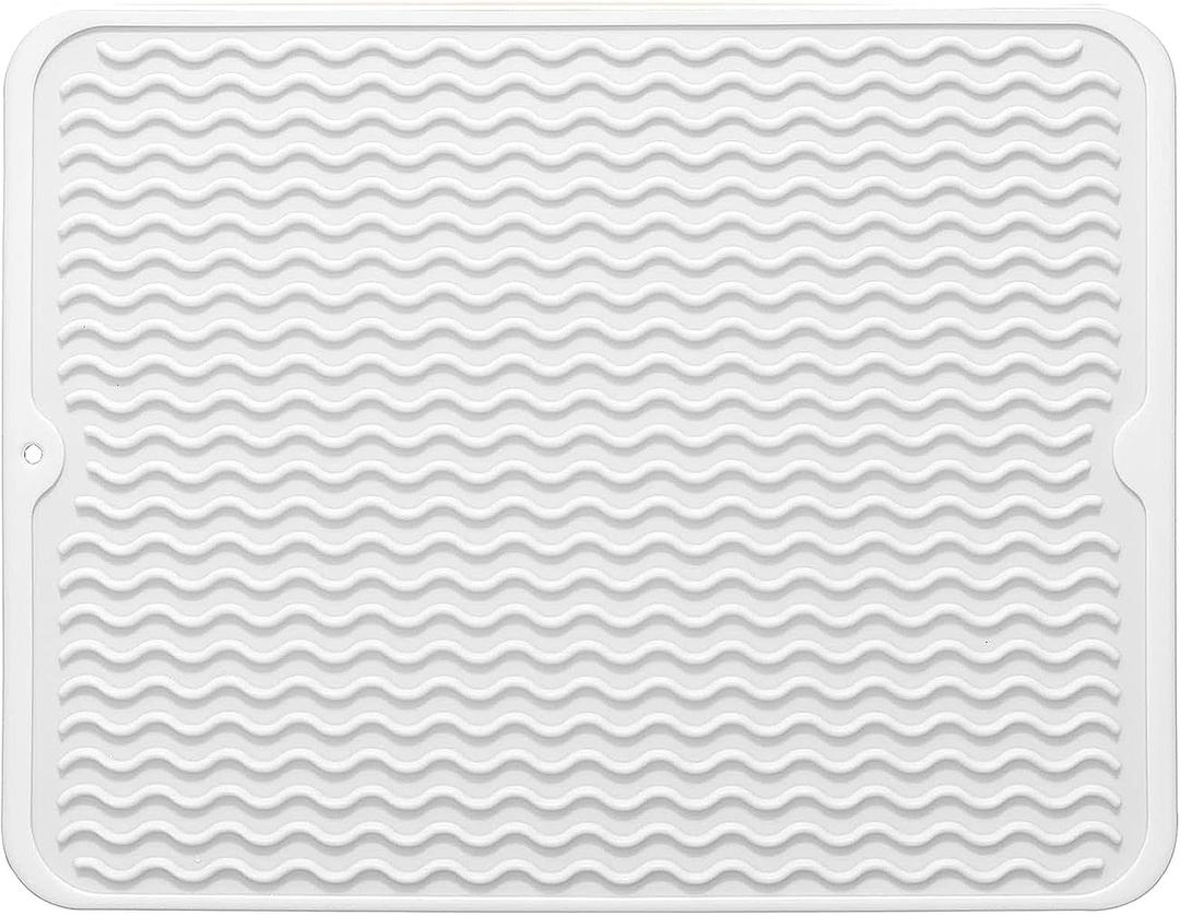 Large 17" x 14" Silicone Dish Drying Mat for Kitchen Counter, Easy clean, Quick Dry, Heat-resistant Dish Drainer Mat for Sink,Refrigerator or Drawer liner (Food Grade Silicone-White)