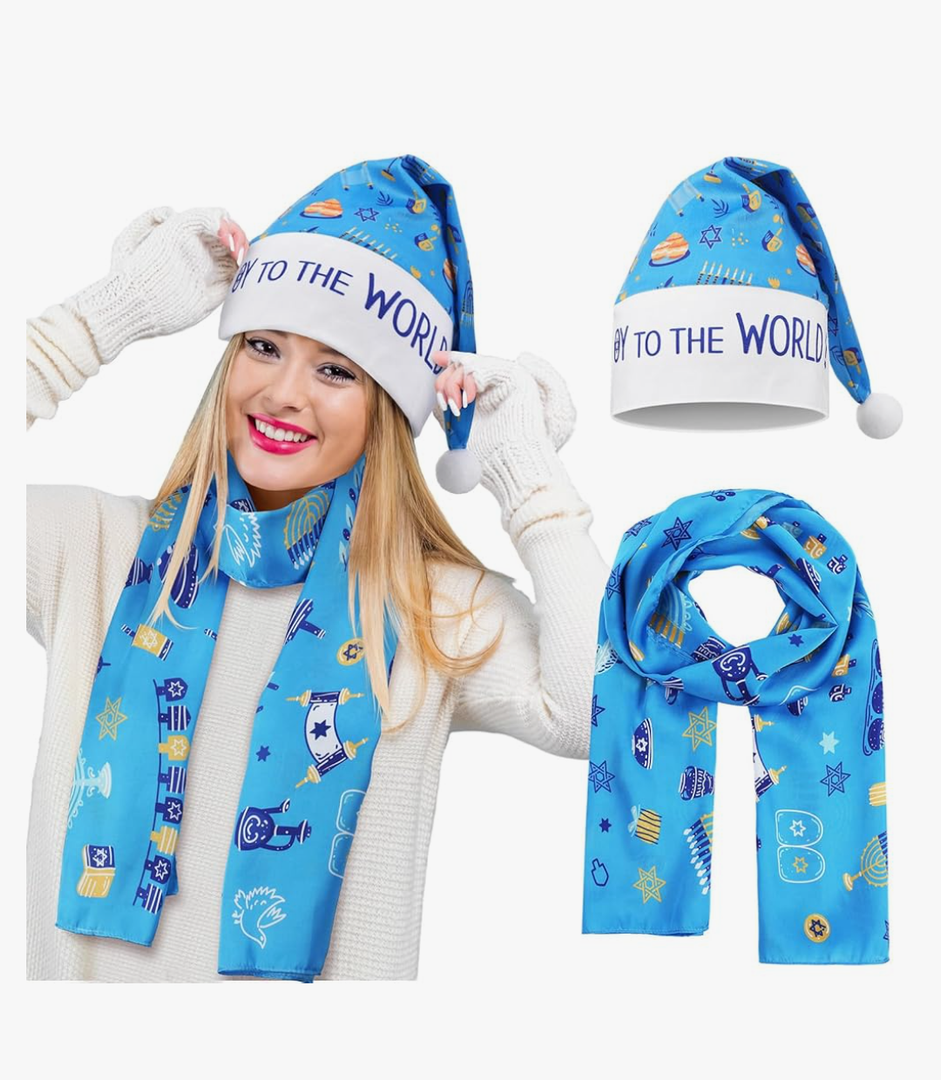 Geyoga 2 Happy Hanukkah Gifts for Women Hanukkah Hat & Scarf Chanukah Costume Accessories Decoration Hanukkah Blue Scarf Funny Santa Hats Christmas