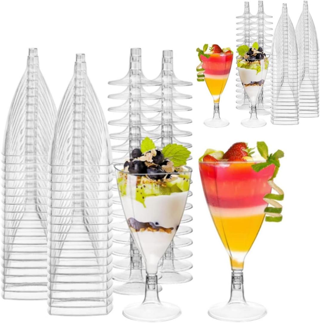 APACALI 100PCS Plastic Wine Glasses 7oz Disposable Champagne Glasses With Stem, Clear Cocktail Glasses Disposable Wine Mousse Cups Dessert Cups for Party Weddings, Birthdays, Catering, Picnics