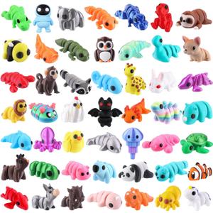 Celltestria 50Pcs Mini 3D Printed Animals for Kids Little 3D Printed Figurines for Party Favors Gifts Exchange Flexible Articulated Fidget Toys for Classroom Prize Rewards Goodie Bags