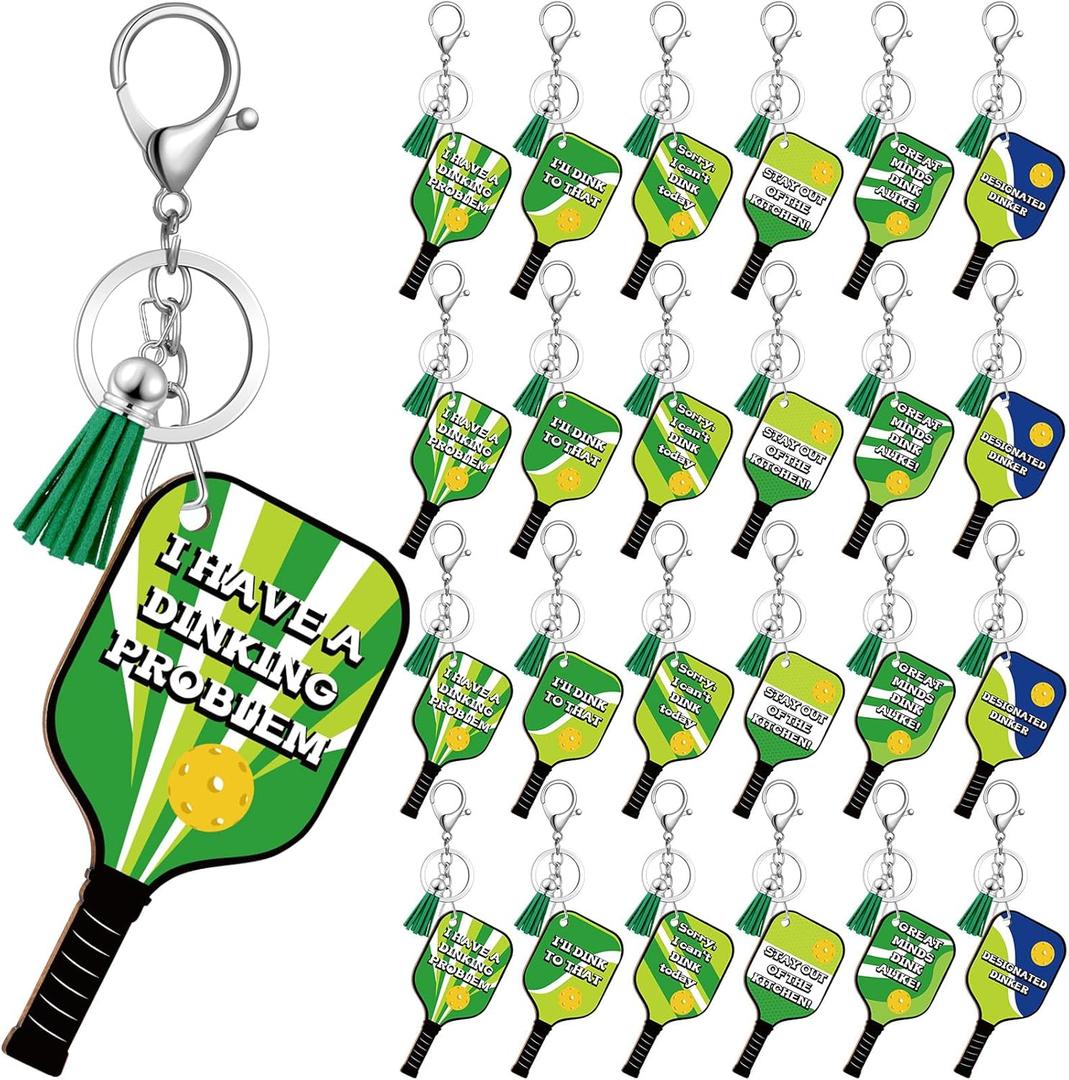 24 Pcs Dinkball Keychains for Women Men Dinkball Gifts Wooden Handmade Sports Keychains Inspirational Accessories for Sports Lovers Team Party Favors(Green, Classic)