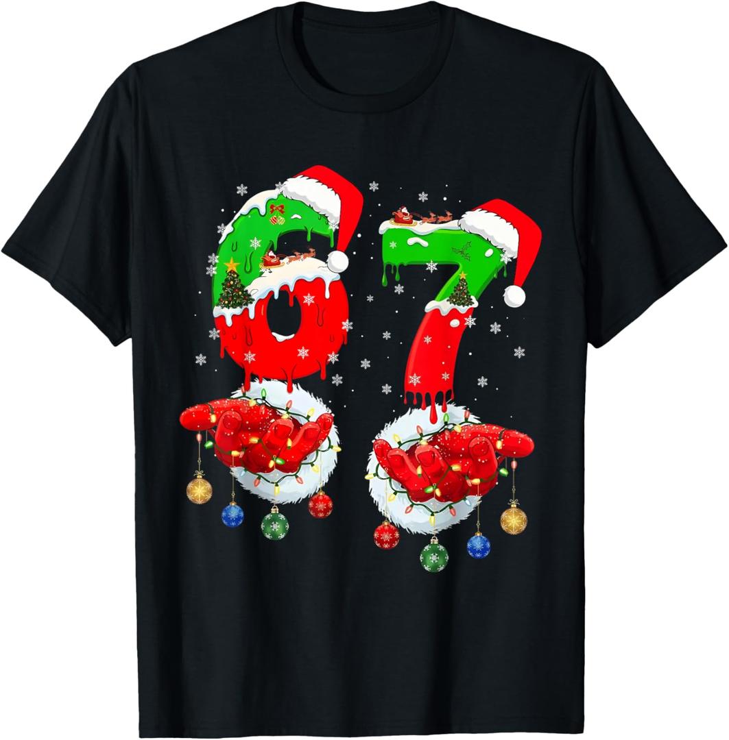 Funny Six Seven 67 Meme 6 7 Christmas Santa Hand Boys Teens T-Shirt