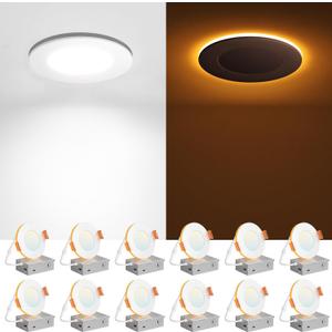 Amico 12 Pack 3 Inch 5CCT LED Recessed Ceiling Light with Night Light, 2700K/3000K/3500K/4000K/5000K Selectable Ultra-Thin Recessed Lighting, 7W=65W, 500LM, Dimmable Canless Wafer Downlight ETL&FCC