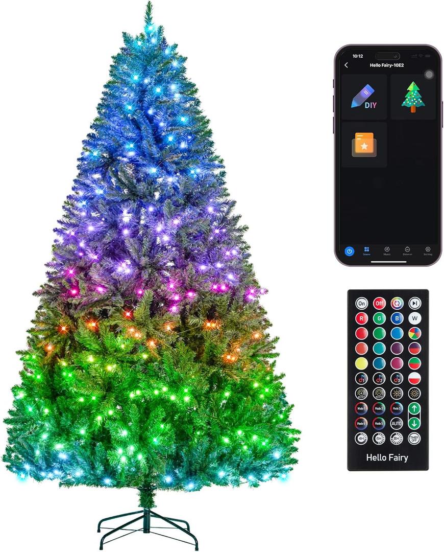 7.5FT Pre-lit Christmas Tree, RGB Color Changing Smart Artificial Christmas Tree with Lights, 1477 PVC Branch Tips, App&Remote Control, Light up Christmas Tree for Indoor Outdoor Decoration