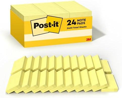Post-it Notes, 1/3/8 x 1 7/8 in, 24 Sticky Notes Pads, 100 Sheets per Pad, Canary Yellow, The Original Post-it Note, School Supplies and Oﬃce Products Canary Yellow