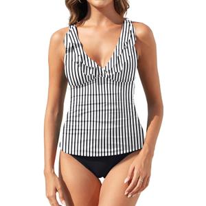 Womens Two Piece Swimsuits - Ruffle Flounce Tankini Tummy Control Bathing Suits V Neck Swimwear (Medium, Black&white Striped)