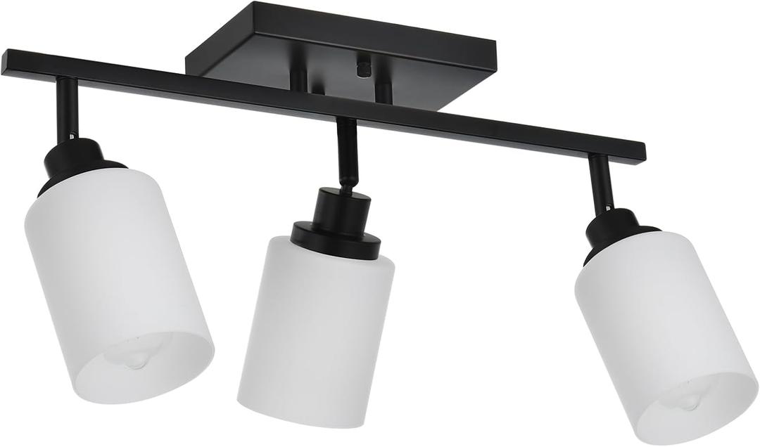 3-Lights Track Lighting Kit, Black Directional Ceiling Light Fixtures with Opal White Glass, Wall Mounted Spotlight for Kitchen Hallway