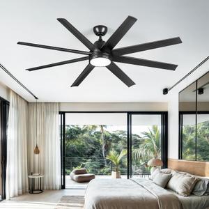 DWVO 65 Inch Ceiling Fan with Light and Remote, 8 Blade Large Black Ceiling Fan, 6-Speed Quiet DC Motor, LED Tri-Color Temperature, Memory Function for Bedroom, Living Room