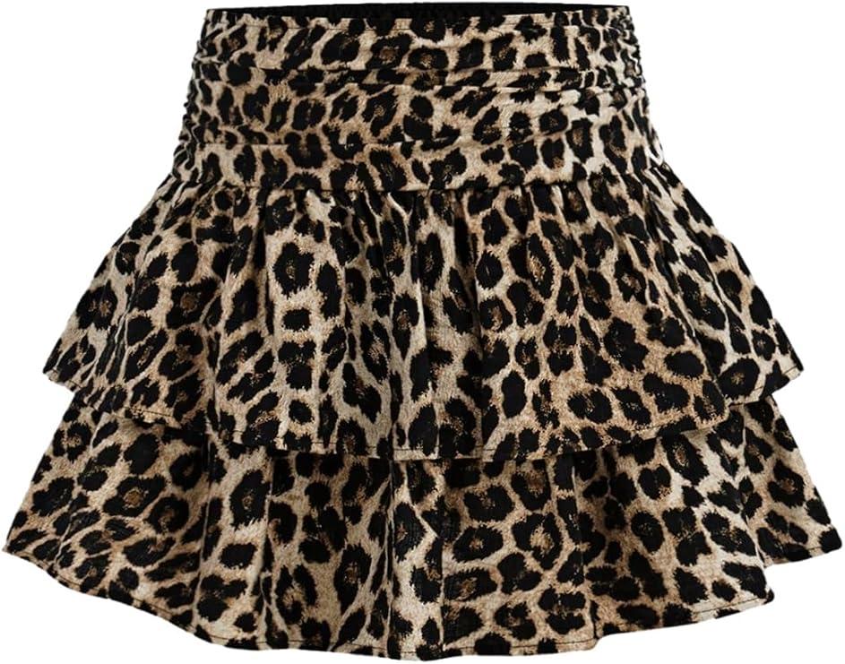 Girl's Leopard Mini Skirt Y2k Cheetah Layered Ruffle A Line Going Out Short Skirts 9YO
