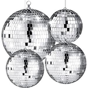 4 Pcs Large Disco Ball Decor - Silver Hanging Mirror Disco Balls Ornament for Stage Club Prom Props 70s Weddings Dance Music Birthday(12, 8, 6, 4 Inch)
