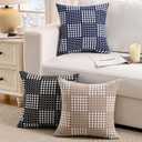 JELLYMONI Pack of 2 Decorative Plaid Linen Throw Pillow Covers Farmhouse Christmas Pillowcovers Rustic Woven Textured Boho Pillowcase for Sofa Couch Bed (Blue, 18x18in)