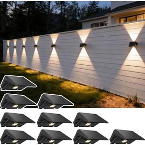 Solar Fence Lights Outdoor, 10 Pack Warm White Up and Down Solar Wall Lights, IP67 Waterproof LED Dusk to Dawn Solar Powered Fence Lights for Patio, Backyard, Deck, Garden, Yard, Outdoor Wall Decor