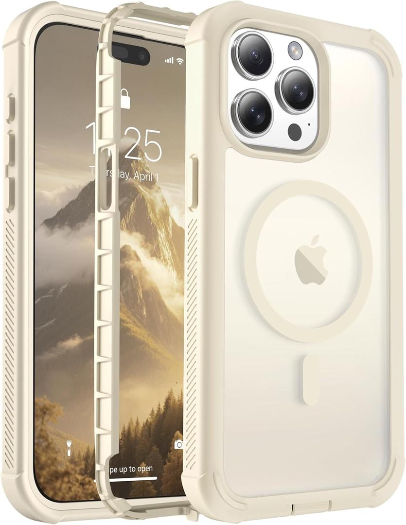 Magnetic for iPhone 15 Pro Case, [Compatible with MagSafe][Military Grade Drop Protection][Heavy Duty Protection][Non-Slip][Shockproof] 2-Layer Durable Bumper Phone Case 6.1''-Antique White