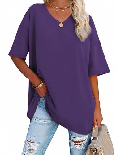 ATHMILE Womens Oversized Shirts V Neck Plus Size Spring Workout Summer Tops Beach Vacation 2026 Gym Clothes Basic Tee Dark Purple Size L