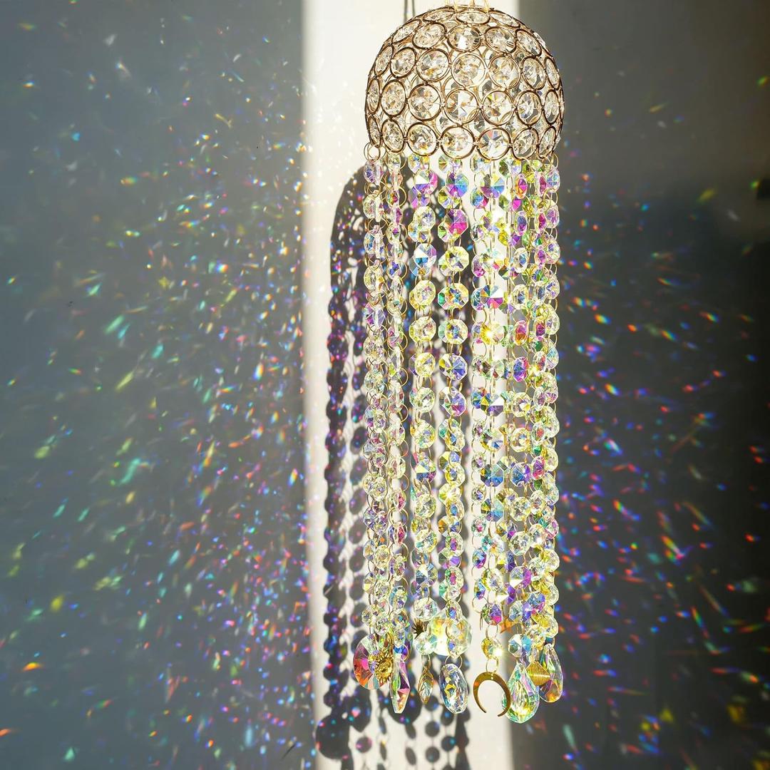 16.7" Chandelier Wind Chimes Crystal Suncatcher Window Hanging Sun Catchers AB Color Crystal Prism Rainbow Maker Pendant Ornament for Christmas Tree