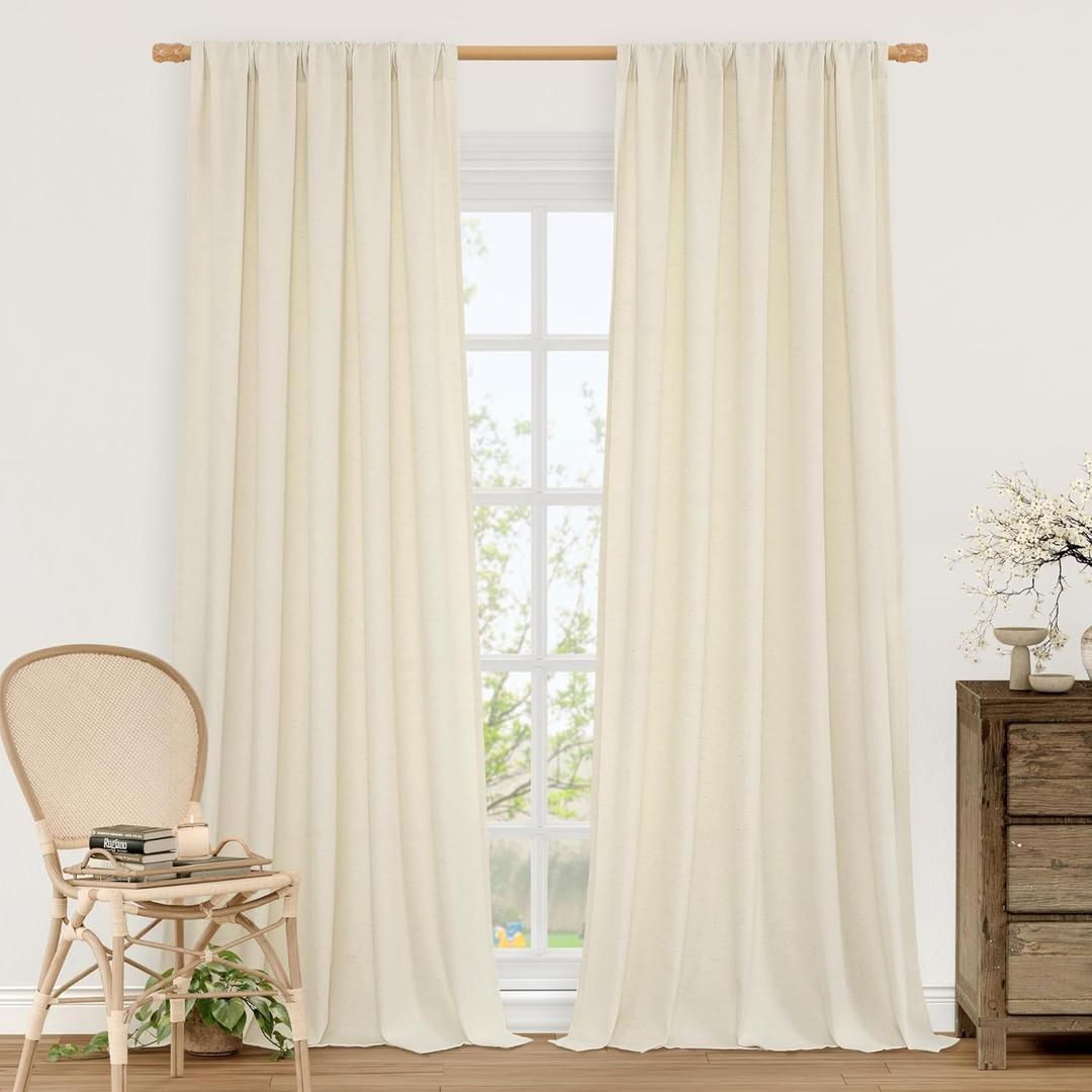 LAMIT Natural Beige Linen Curtains 84 inch Long 2 Panels, Soft Thick Linen Blended Light Filtering Living Room Panels Rod Pocket Neutral Drapes for Bedroom/Farmhouse, 52 x 84 Inch