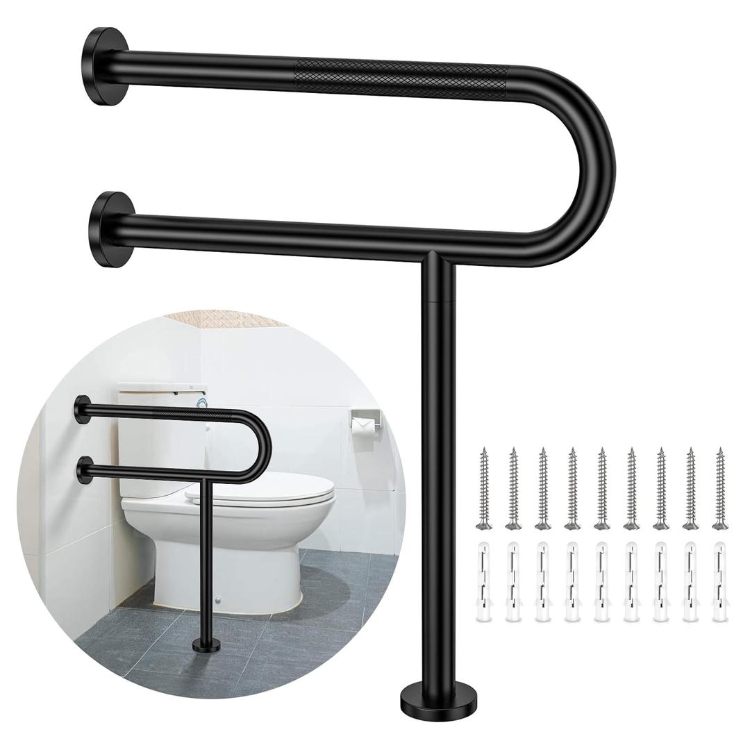 Toilet Support Rail 23.4X 28 Inch, Munzong Anti-Slip Black Handicap Grab Bar for Bathroom, Stainless Steel Knurled Safety handrails with Leg for Elderly Disabled Pregnant-1.25Tube