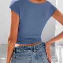 PRETTYGARDEN Women's Ruched Crop Tank Tops 2025 Summer Trendy Cap Sleeve Ribbed Knit Basic Fitted Going Out Tee Shirts (Grey Blue, Large)